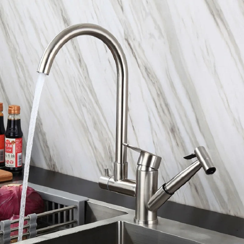 Torneira para Cozinha Misturador Bica Alta com Ducha Extensível Pressurizada em Aço Inox - Savelli