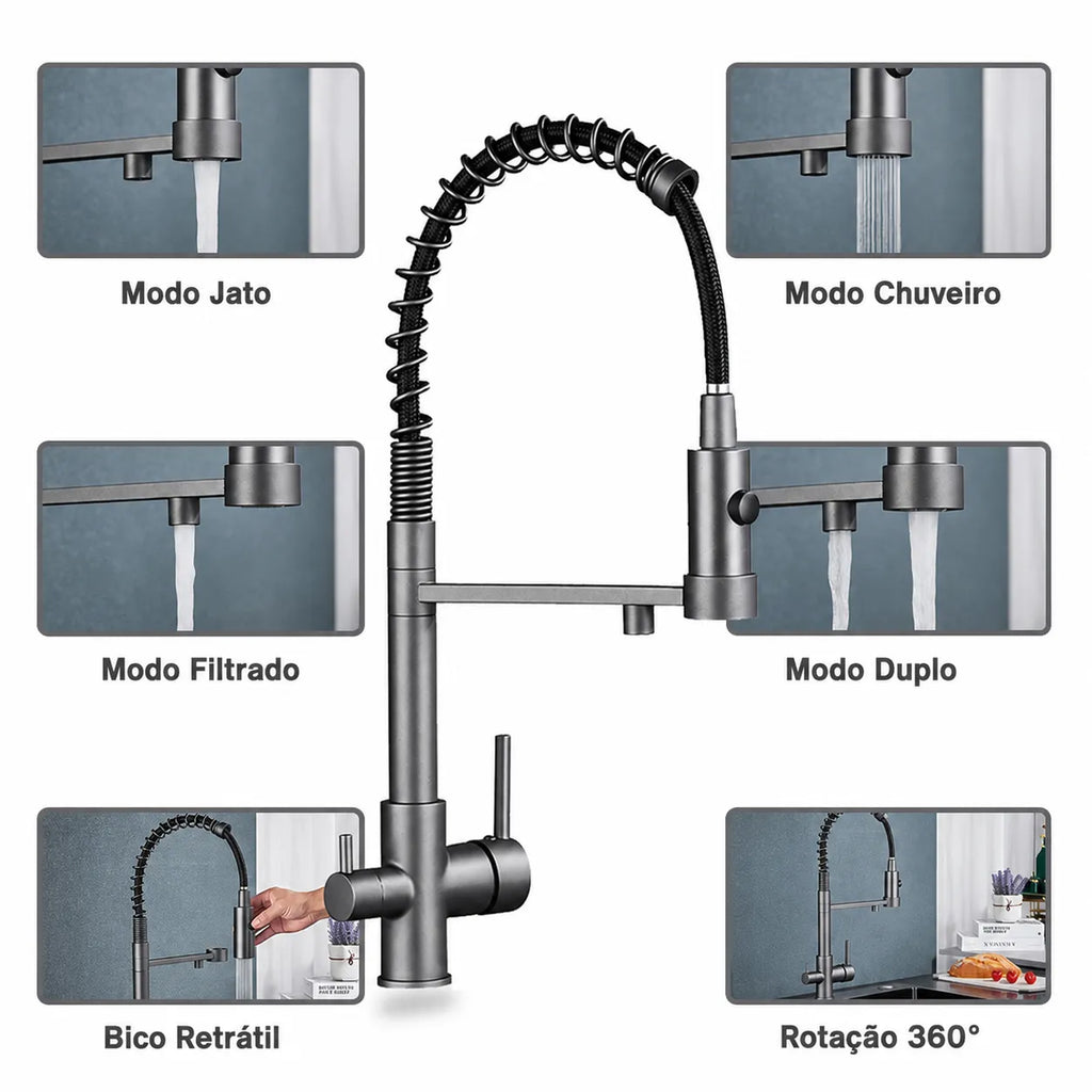 Torneira para Cozinha com Filtro 3 Vias Purificadora e Mola Extensível em Latão - Savelli